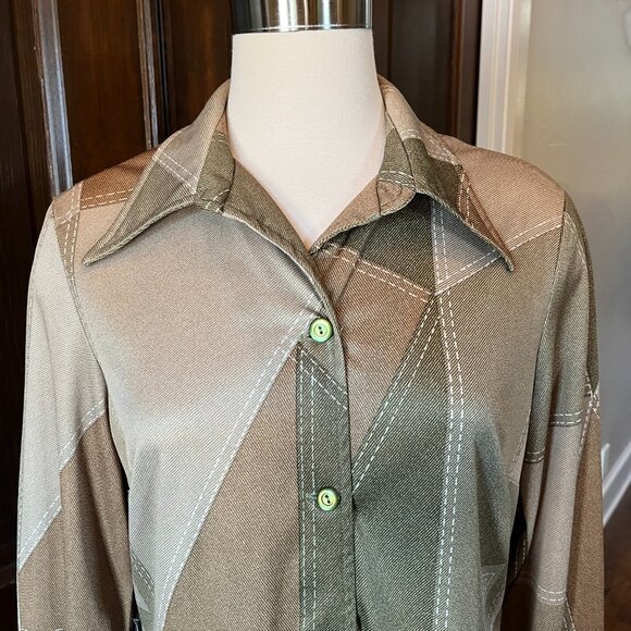 Vintage 70s Hostess Dress 100 Parkhouse Dallas Button Front Maxi Green M (est) - Picture 7 of 12